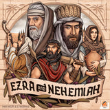 Illustration for Garphill Games’ Ezra and Nehemiah shows two men with head coverings (one blowing a shofar, one with a scroll), a woman carrying a jar, and olive branches. Banner reads “Ezra and Nehemiah.”.