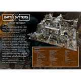 A detailed promo image of Battle Systems Ltd's Fantasy Dungeon set, showing a 3D ruined stone dungeon diorama with a contents list of included RPG miniatures terrain for tabletop games.