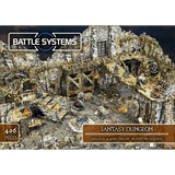 Box cover for Battle Systems Ltd’s Fantasy Dungeon, a modular RPG miniatures terrain set featuring stone walls, wooden walkways, barrels, tables, adventuring gear, and 406 detailed pieces.