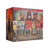 A colorful Final Girl: S3 Ultimate Box (Damaged) by Van Ryder Games features illustrated characters, awards, a warning label, and showcases Feature Films miniatures.