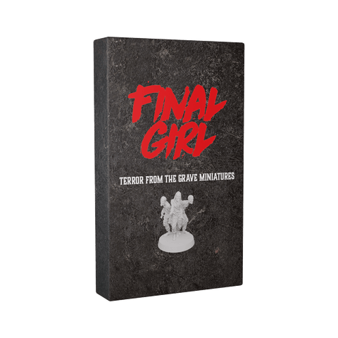 A stone-textured box from Van Ryder Games displays bold red "Final Girl" and white "Terror From The Grave Miniatures" text, with an image of a small white figurine at the bottom.