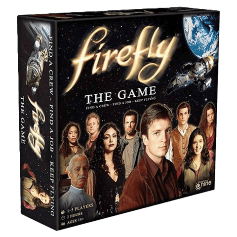 The Gale Force Nine Firefly: The Game Special Edition box shows the title, tagline, spaceship, and TV series main characters on a dark background. For 1–5 players ages 14+, it lasts over 2 hours and is set in the Firefly Universe.