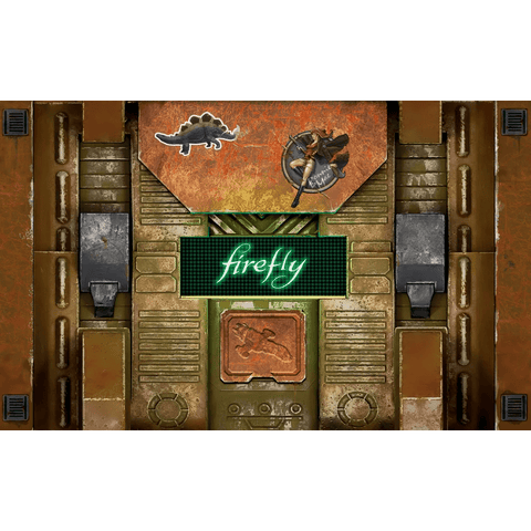 A metallic, rust-colored panel with a glowing green display reading "firefly" is adorned with dinosaur and firefly stickers—evoking the worn look of the iconic ship from Firefly: The Game – 10th Anniversary Collector's Edition by Gale Force Nine.