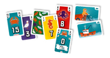 Fischen (Fishing) EN/DE by 2F-Spiele is a set of colorful playing cards for a fishing game, featuring sea animals like crab, seagull, fish, seahorse, octopus—plus net and boat cards with unique numbers and illustrations.