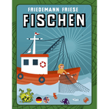 Illustration of a red and white fishing boat at sea with a person hauling a net, sun rays behind, and sea creatures plus language icons below, evoking the Fischen (Fishing) EN/DE card game by 2F-Spiele. The title "Fischen" is displayed at the top.