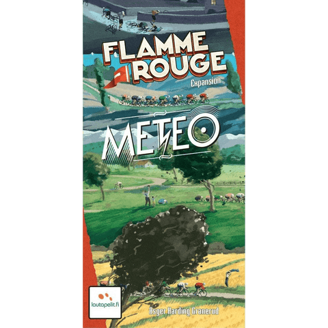 The Flamme Rouge: Meteo Expansion game box from Lautapelit features cyclists racing through dramatic weather like storms and wind, with branding credited at the bottom.