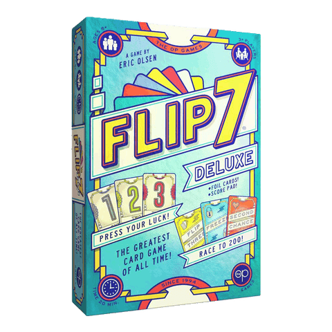 A vibrant box for The Op Games' Flip 7 Deluxe Edition displays bold text, illustrated playing cards (1–3), and promos for foil cards and a score pad. The playful design stands out on a light blue background.