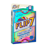 A holographic box for Flip 7 Second Edition by The Op Games and Eric Olsen, with bold colorful letters, game info, “Press Your Luck!”, and “Race to 200!”. For ages 8+, 2–4 players, plays in 20 minutes.
