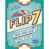 Colorful box for Flip 7 Second Edition by The Op Games, a press-your-luck card game with bold yellow title, “Press Your Luck!” and “Race to 200!” For ages 8+, 3+ players, 20 min. Designed by Eric Olsen.