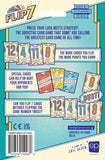 The Flip 7 Second Edition box by The Op Games features colorful cards, rules, points system, and special cards. This press-your-luck game is for ages 8+, 3+ players, all shown on a bold blue and yellow design.