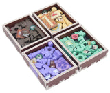 The Folded Space - Daitoshi Insert by Folded Space features four square, full-color trays that organize and hold game pieces and tokens in brown, yellow, green, and purple—each with unique shapes—for easy gameplay.