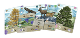 The Forest Shuffle: Alpine Expansion by Lookout Games features four illustrated playing cards—European Larch, Golden Eagle, Steinbock with Alpine Marmot, and Pine—bringing unique alpine plants and animals to your forest card game.