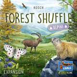 The box art for Forest Shuffle: Alpine Expansion by Lookout Games features alpine animals like ibex and marmot in a mountain meadow with butterflies, blueberries, pine trees, snowy peaks, and publisher logos—ideal for any gaming table.