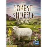 The cover of Forest Shuffle: Dartmoor by Lookout Games shows a white sheep on grassy, flower-filled terrain with hills, birds, and butterflies in the background. The product name and publisher logo appear at the top and bottom.