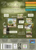 The back of the Forest Shuffle: Dartmoor game box by Lookout Games showcases a stunning woodland landscape, terrain cards, key features, component images, gameplay photos, example cards, and publisher logos in an eye-catching layout.