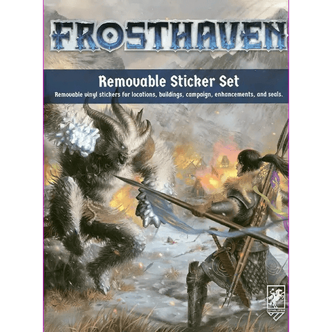 Cover of the Frosthaven Bundle by Cephalofair Games, showing a snowy battle between a furry monster and an armored archer amid burning buildings, as seen in the Frosthaven Core Game.