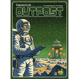 An astronaut with a clipboard stands on a rocky planet near power plants and domes, under a starry green sky. “Funkenschlag Outpost (Power Grid Outpost) EN/DE” by 2F-Spiele appears at the top.