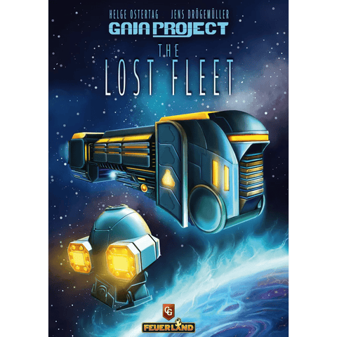 A futuristic spaceship and a drone soar past stars and a planet. The text reads “Gaia Project: The Lost Fleet Expansion,” hinting at new factions in this Capstone Games release by Helge Ostertag and Jens Drögemüller.
