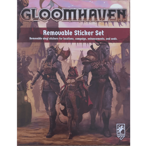 Box cover for Gloomhaven: Removable Sticker Set (Second Edition), showing three armored fantasy characters in a medieval city, with bold lettering and highlighting the set’s high-quality removable stickers.