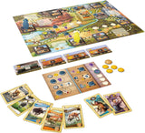 A vibrant Great Western Trail: El Paso game by Lookout Games, featuring a main board, player pieces, animal and people cards, tokens, coins, and player boards—ideal for fans of strategic cattle trading.