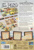 Back cover of Great Western Trail: El Paso by Lookout Games shows tokens, cards, and pieces on a western-themed backdrop. Text highlights exciting cattle trade for solo or multiplayer. Publisher logos and summary complete the display.