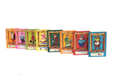 A row of seven vibrant Harvest cards from Keymaster Games' farming strategy game displays cartoon animals in costume, each with a unique border and resource icons, standing upright against a white background.