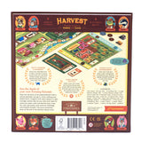 The back of the Harvest box by Keymaster Games displays a vibrant game board, pieces, character art, game overview, icons, and age ratings. Four animal characters appear in each corner of this colorful farming strategy board game.