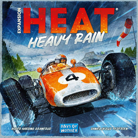 A vintage orange and white race car with the number 4 drives through heavy rain on a racetrack with a windsock and blurred trees in the background. Explore new Japan and Mexico maps in Heat: Heavy Rain Expansion.