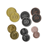 Eight deluxe metal coins from Hegemonic Project Games, featuring denominations from 1 to 100 and unique designs, make Hegemony: Deluxe Metal Coins a perfect upgrade for any board game.