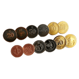 Twelve Hegemony: Deluxe Metal Coins by Hegemonic Project Games in copper, silver, and gold—each with unique numbers and embossed designs—are arranged in two rows on a white background, perfect for enhancing your board game sessions.