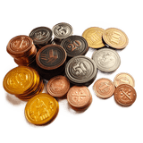 Stacks of Hegemony: Deluxe Metal Coins by Hegemonic Project Games in gold, copper, bronze, and silver are displayed on a white surface, showcasing premium embossed symbols and intricate designs for board game enthusiasts.