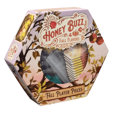 Hexagonal Honey Buzz: Fall Flavors Expansion box with a window displaying colorful player pieces. Features autumn-themed artwork, branches, apples, and decorative "Fall Player Pieces" text—ideal for expanding your board game collection.