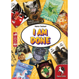 Box cover of the I AM DONE card game by Pegasus Spiele, showing illustrated animal cards, playful text, game info icons, and the Pegasus Spiele logo in the lower right corner.