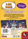 The back cover of I AM DONE by Pegasus Spiele displays vibrant art of surprised characters, bold game descriptions, and details about the contents, creators, and publisher.