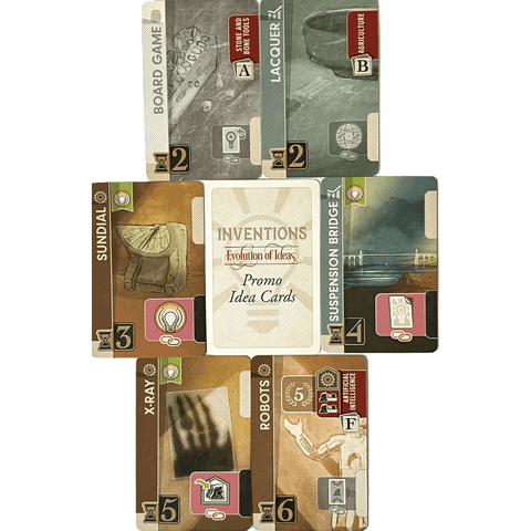 Six illustrated cards from Eagle-Gryphon Games' Inventions: Evolution of Ideas Promo Cards are arranged around a central promo card, highlighting inventions like the Sundial, Robots, X-ray, Suspension Bridge, Board Game, and Lacquer.