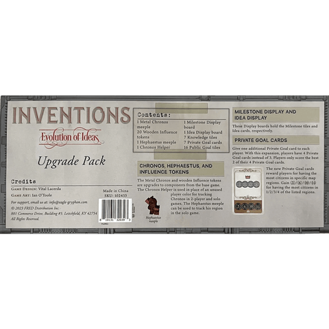 The box back for Inventions: Evolution of Ideas Upgrade Pack by Eagle-Gryphon Games lists contents like Knowledge tiles, Private Goal cards, credits, and features, with text, icons, and images of tokens, milestone display, and player boards on a gray background.