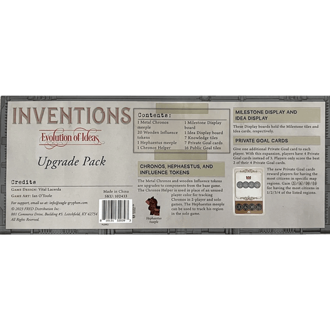 Back of the Inventions: Evolution of Ideas Including Upgrade Pack & Promo Cards Bundle box by Eagle-Gryphon Games, showing contents, credits, components, promo cards, and images of tokens and cards on a sleek gray background.