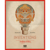 A vintage-style illustration of a light bulb filled with gears and patterns features "Inventions: Evolution of Ideas (Including Upgrade Pack & Promo Cards)" by Eagle-Gryphon Games, celebrating technological innovation in board gaming.