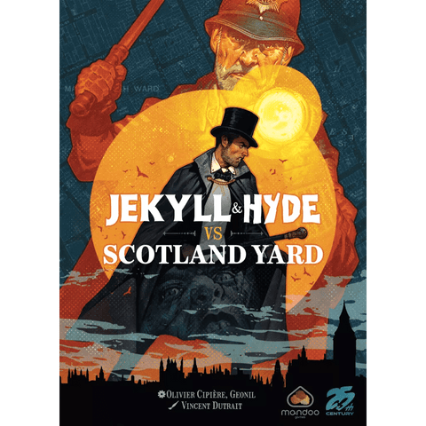 The cover for Mandoo Games' Jekyll & Hyde vs Scotland Yard shows a shadowy man in a hat and trench coat following another in Victorian dress, set in a bat-filled cityscape below the bold title. It’s a co-op trick-taking board game.