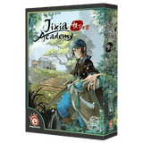 Box cover for the dueling card game "Jixia Academy" by EmperorS4, showing an anime-style character in blue and brown clothes, standing in a lush garden with trees and a building, evoking Hanamikoji's elegant style.