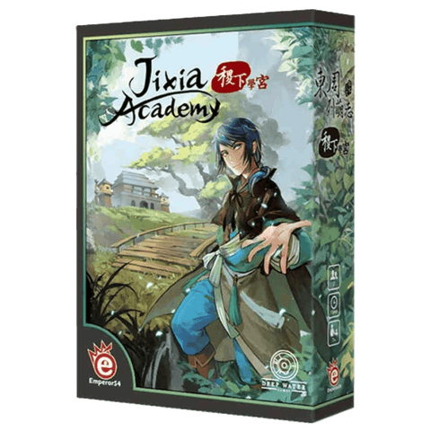 Box cover for the dueling card game "Jixia Academy" by EmperorS4, showing an anime-style character in blue and brown clothes, standing in a lush garden with trees and a building, evoking Hanamikoji's elegant style.