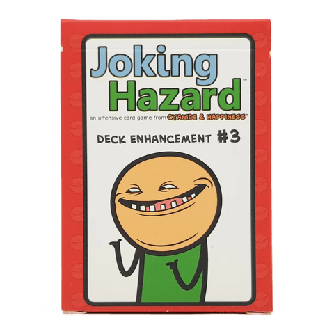 The image displays a red box of Joking Hazard: Deck Enhancement #3 Expansion by Breaking Games, featuring a cartoon character with an exaggerated grin on the front.