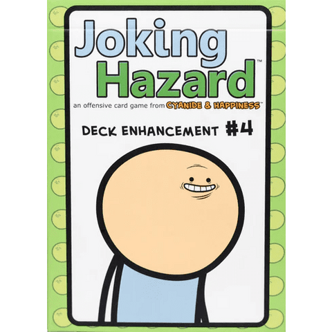 The image features the Joking Hazard: Deck Enhancement #4 Expansion by Breaking Games, showing a cartoon character with a big round head and mischievous smile on a green border with smiley faces—ideal for boosting your card game deck.