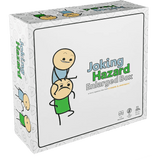 The Joking Hazard: Enlarged Box by Breaking Games is a white card box with cartoon characters—one smiling atop another, who looks annoyed. With cyan and green accents, its simple design is perfect for storing your new cards.