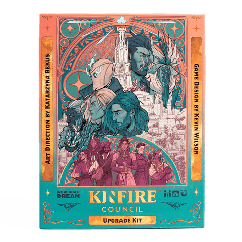 Box cover for Kinfire Council: Upgrade Kit by Incredible Dream Studios, with fantasy character illustrations, ornate borders, a castle tower backdrop, gold accents framing deluxe wooden tokens, and credits to the art director and game designer.
