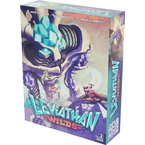 The Leviathan Wilds box from Moon Crab Games displays a giant, crystal-clad creature with armored heroes scaling its body. This cooperative board game features vibrant fantasy art and bold, stylized text.