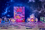 Light Speed: Arena by Pegasus Spiele is shown on a table with cards arranged before its vibrant box. A starry galaxy backdrop emphasizes the fast-paced, real-time sci-fi shooter card game adventure.