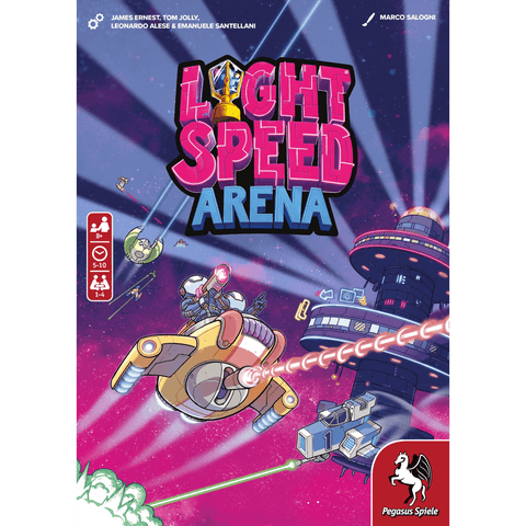 The Light Speed: Arena box features two spaceships laser-battling near a space station, the game’s title in bold pink, a trophy above "Light Speed", and Pegasus Spiele’s logo at the bottom right.