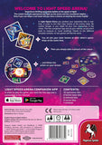 The Light Speed: Arena instruction sheet by Pegasus Spiele features spaceships, cards, tokens, a trophy on a cosmic background, explains real-time gameplay, includes app download info, and displays the Pegasus Spiele logo at the bottom.