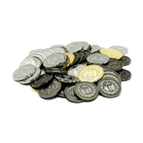 A pile of Eagle-Gryphon Games' Lisboa Metal Coins—silver, gold, and dark gray with embossed designs and numbers—ideal for board games, displayed on a plain white surface.